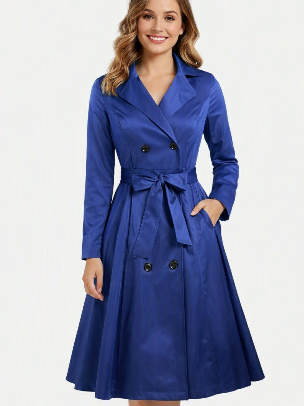 Zeagoo Bright Blue Trench Coat Double Breasted Belted Tie Chic Venice Fashion